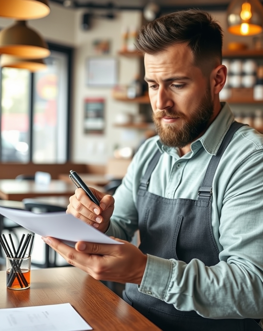 How to Use Roofing Storm Follow Up Postcards for Better Nearby Customer Response: a restaurant owner checking a postcard mockup with a pen and paper notes.
