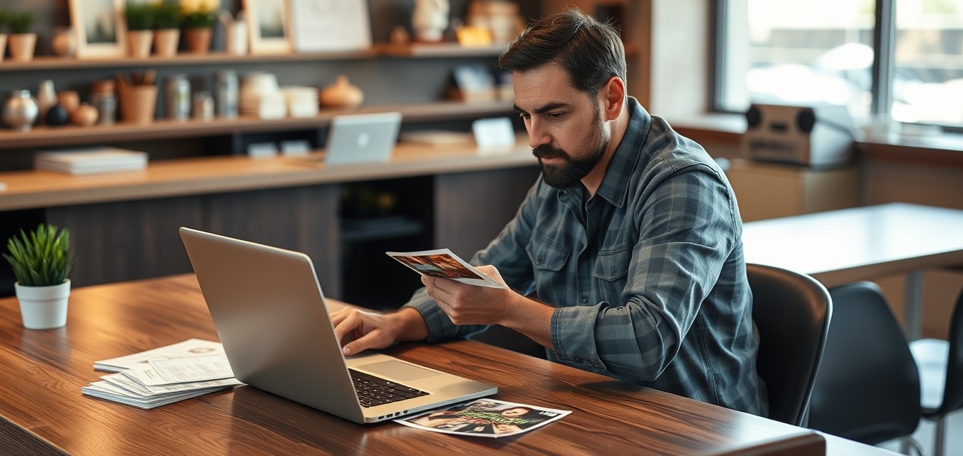 Cleaning Service Introduction Postcards Without Wasting Space, Budget, or Offers: a restaurant owner planning a direct mail postcard at a workstation with a laptop and sample cards.