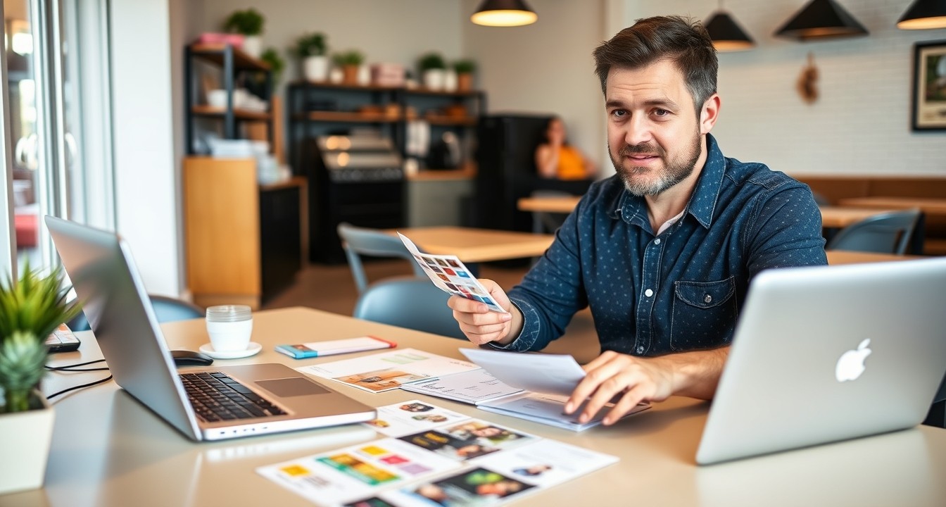 Daycare Enrollment Postcards: A Local Business Postcard Plan That Actually Converts: a restaurant owner planning a direct mail postcard at a workstation with a laptop and sample cards.