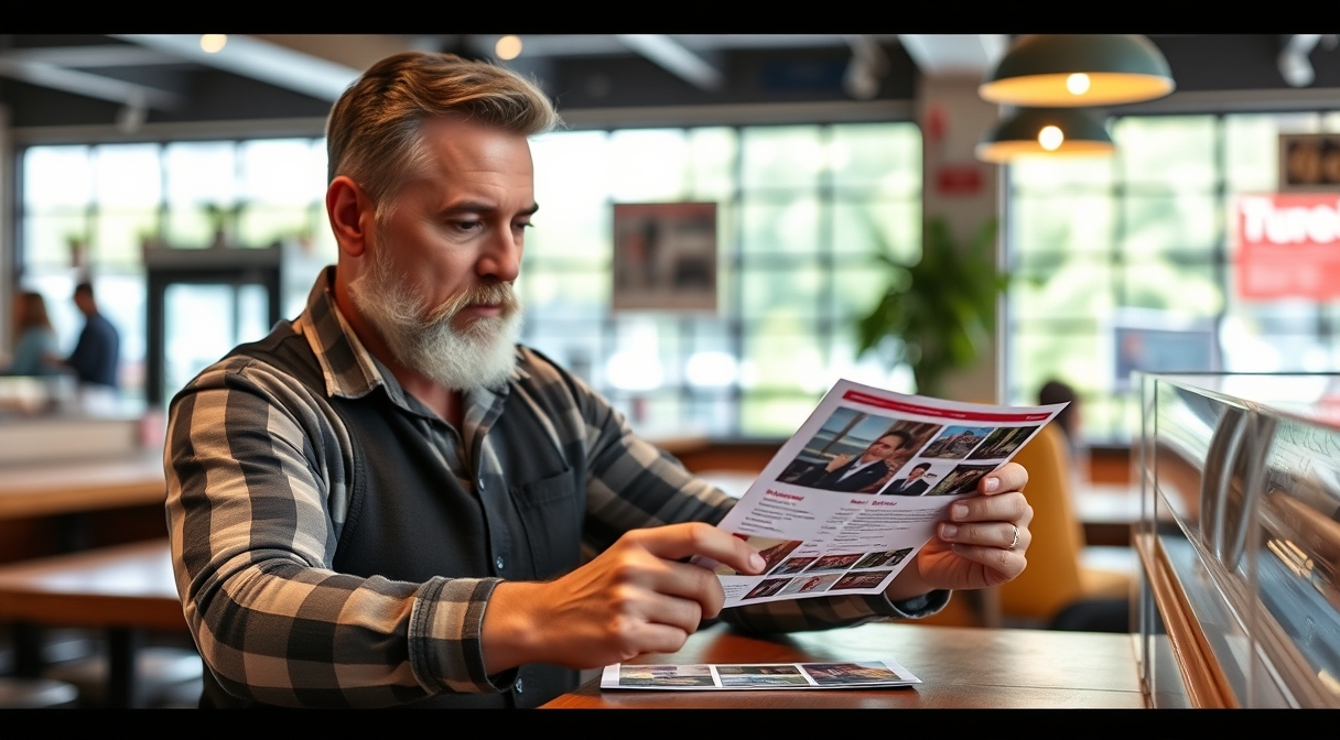 How to Use Gym Membership Postcards for Better Nearby Customer Response: a restaurant owner comparing postcard layouts for a neighborhood promotion.