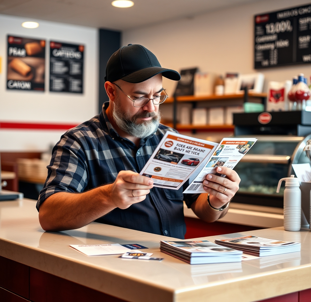 Auto Detailing Coupon Postcards: A Local Business Postcard Plan That Actually Converts: a restaurant owner reviewing postcard samples on a clean counter with local campaign notes.