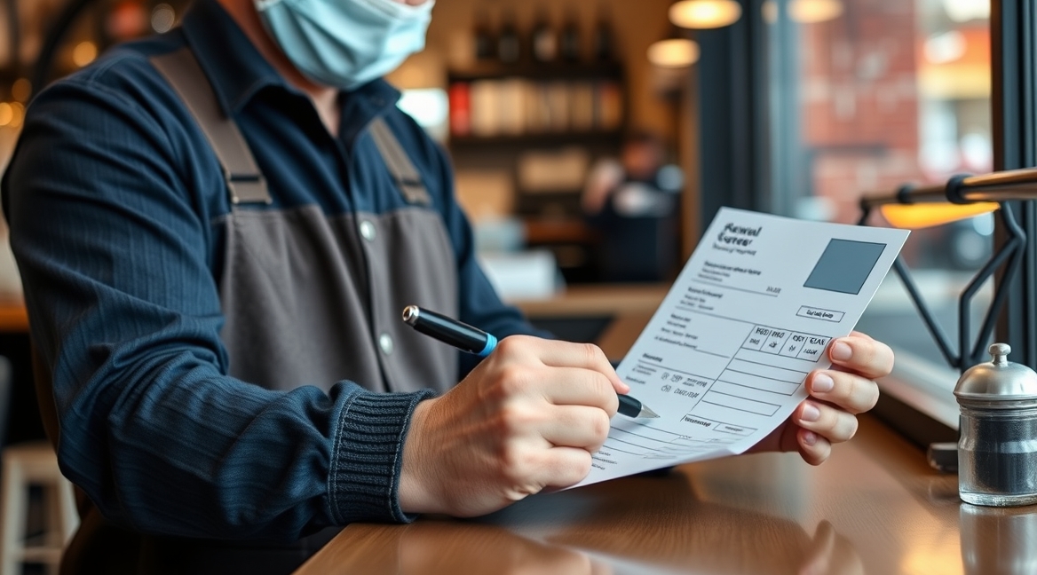 How to Use Car Wash Loyalty Postcards for Better Nearby Customer Response: a restaurant owner checking a postcard mockup with a pen and paper notes.
