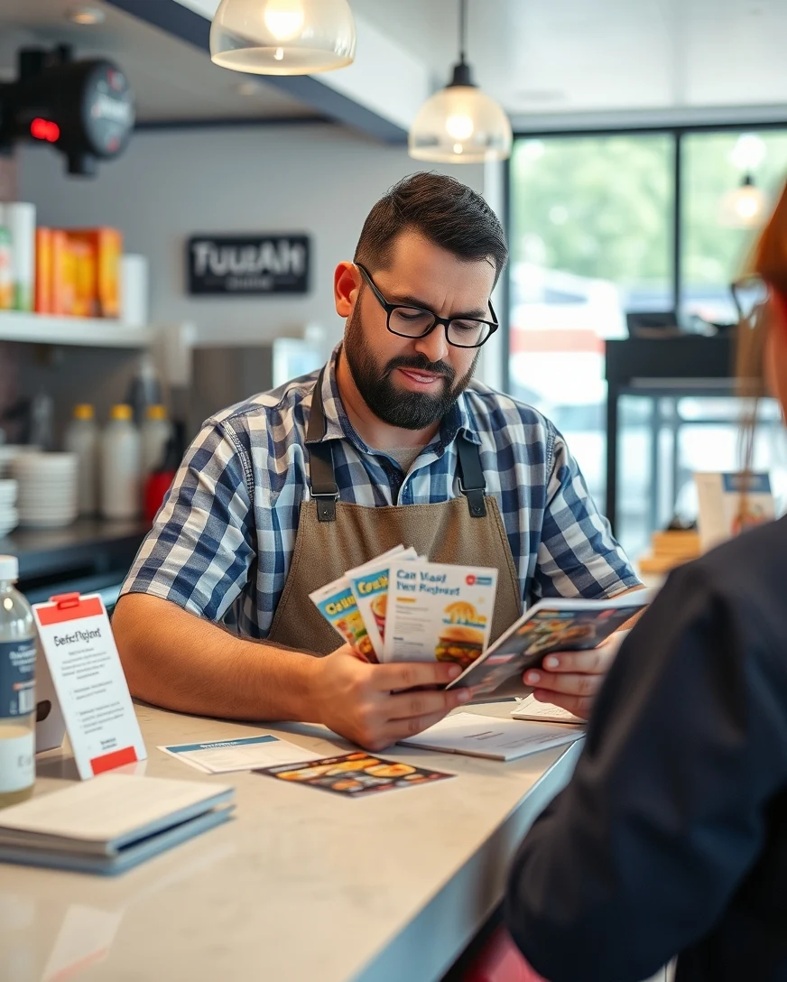 How to Use Car Wash Loyalty Postcards for Better Nearby Customer Response: a restaurant owner reviewing postcard samples on a clean counter with local campaign notes.