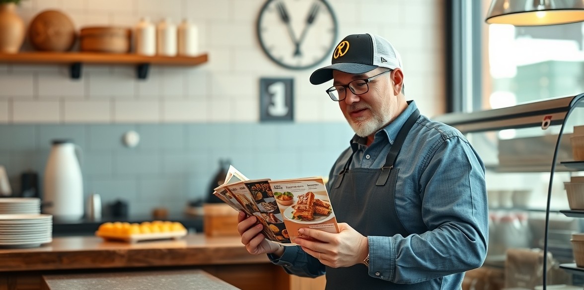 Bakery Seasonal Menu Postcards Without Wasting Space, Budget, or Offers: a restaurant owner arranging postcard samples near the business setting.
