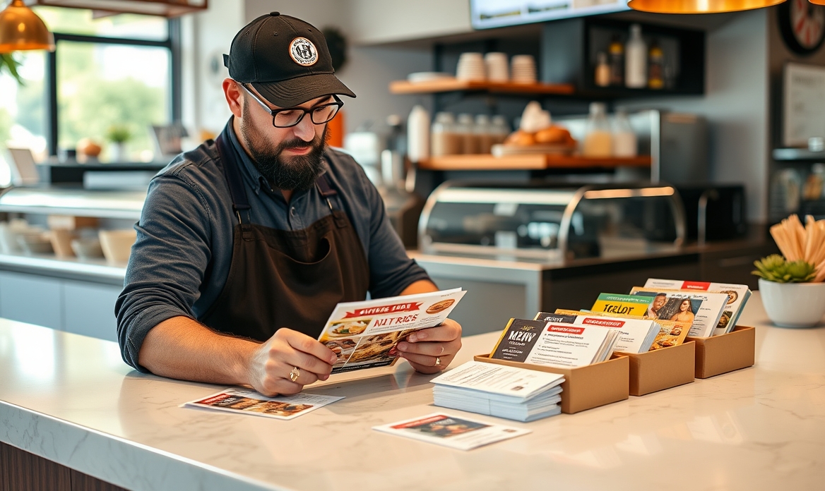 Bakery Seasonal Menu Postcards Without Wasting Space, Budget, or Offers: a restaurant owner reviewing postcard samples on a clean counter with local campaign notes.