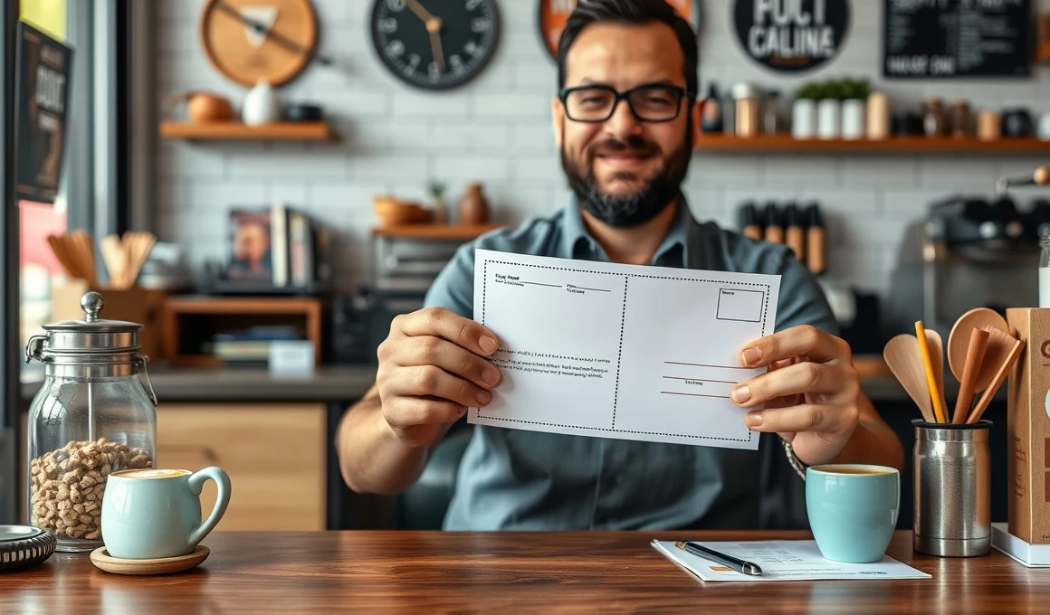 Coffee Shop Loyalty Postcards: A Local Business Postcard Plan That Actually Converts: a restaurant owner holding a postcard proof beside relevant business props on a desk.