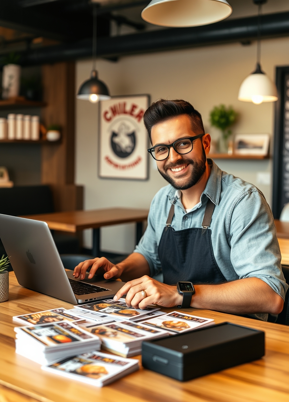 Coffee Shop Loyalty Postcards: A Local Business Postcard Plan That Actually Converts: a restaurant owner planning a direct mail postcard at a workstation with a laptop and sample cards.