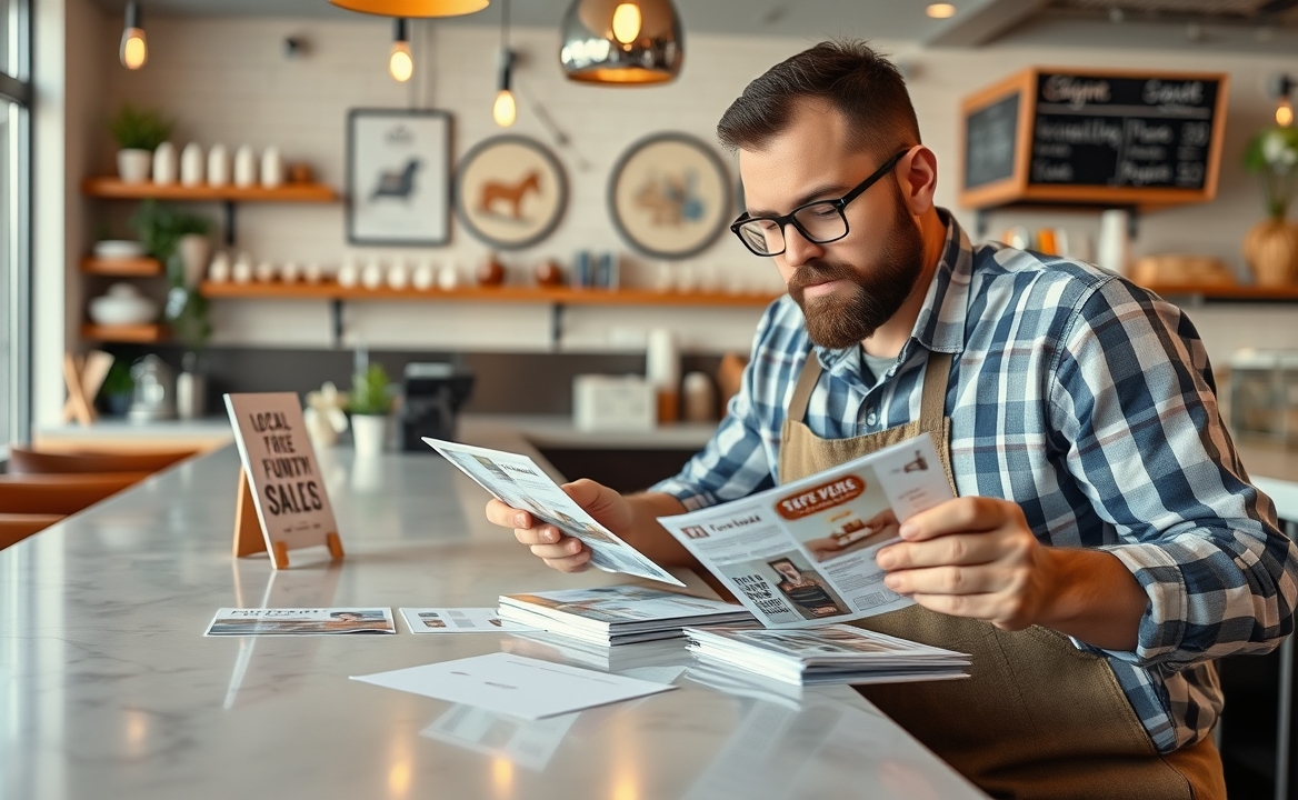 How to Use Furniture Sale Postcards for Better Nearby Customer Response: a restaurant owner reviewing postcard samples on a clean counter with local campaign notes.