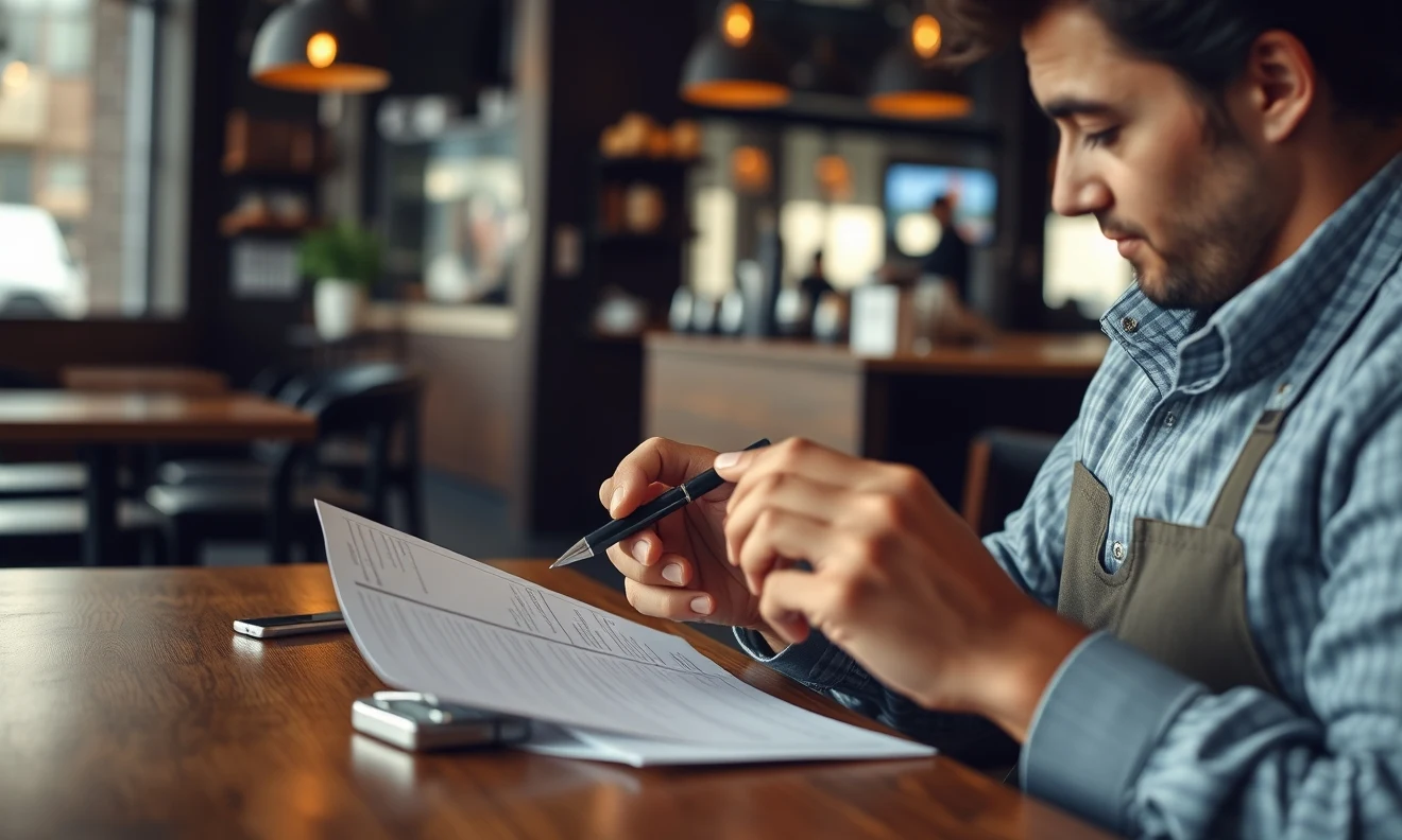 Boutique New Arrivals Postcards Without Wasting Space, Budget, or Offers: a restaurant owner checking a postcard mockup with a pen and paper notes.
