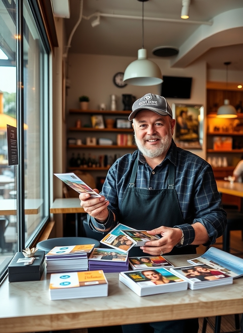 Boutique New Arrivals Postcards Without Wasting Space, Budget, or Offers: a restaurant owner arranging postcard samples near the business setting.