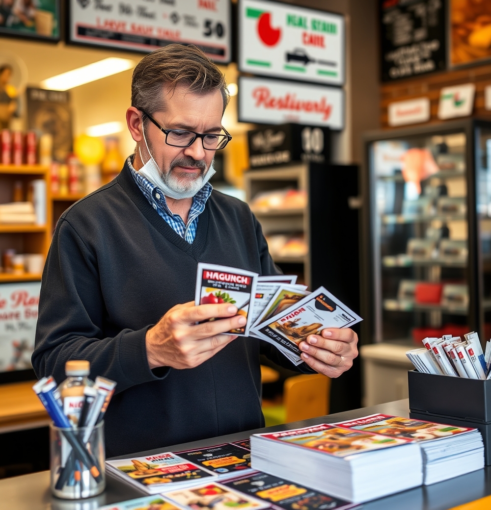 Hardware Store Spring Sale Postcards: A Local Business Postcard Plan That Actually Converts: a restaurant owner arranging postcard samples near the business setting.