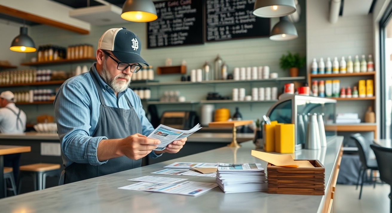 How to Use Pharmacy Vaccine Reminder Postcards for Better Nearby Customer Response: a restaurant owner reviewing postcard samples on a clean counter with local campaign notes.