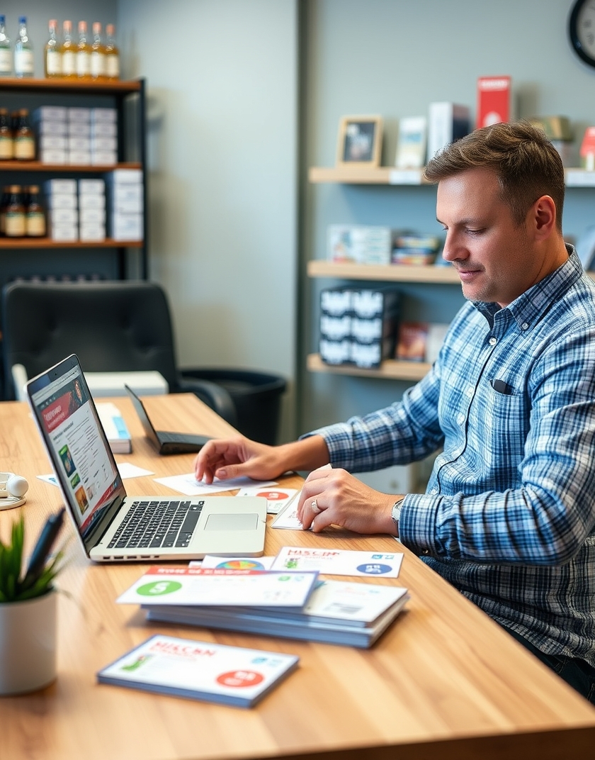 How to Use Pharmacy Vaccine Reminder Postcards for Better Nearby Customer Response: a restaurant owner planning a direct mail postcard at a workstation with a laptop and sample cards.