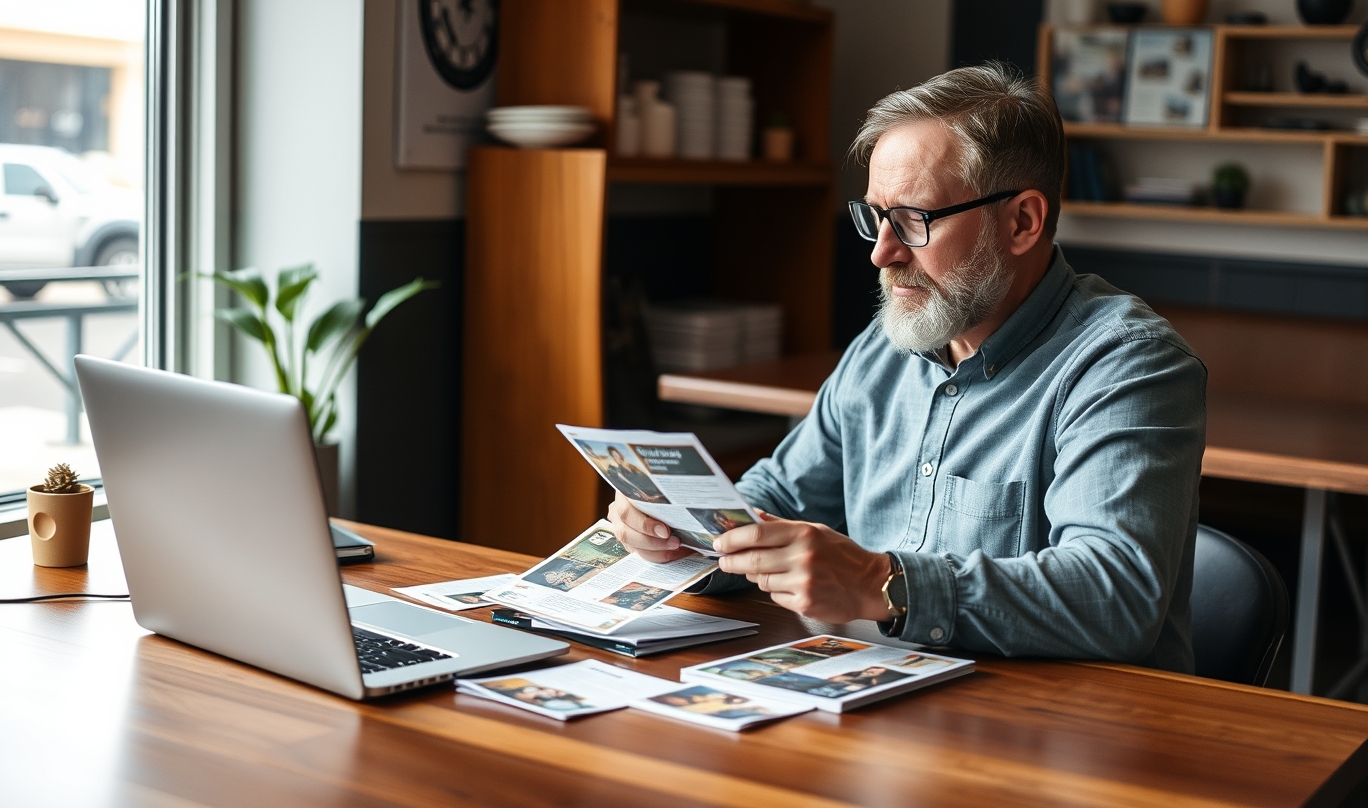 Tutoring Enrollment Postcards Without Wasting Space, Budget, or Offers: a restaurant owner planning a direct mail postcard at a workstation with a laptop and sample cards.