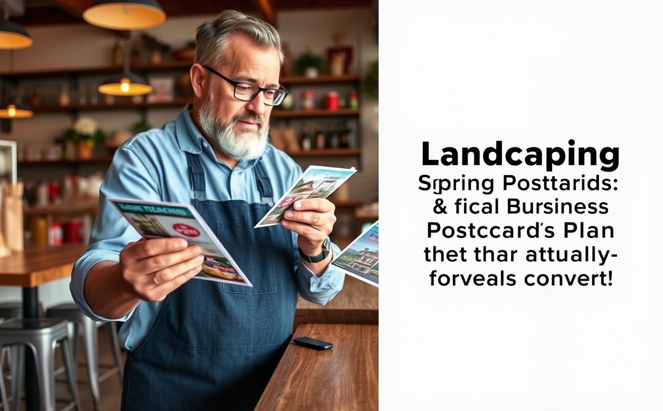 Landscaping Spring Cleanup Postcards: A Local Business Postcard Plan That Actually Converts: a restaurant owner comparing postcard layouts for a neighborhood promotion.