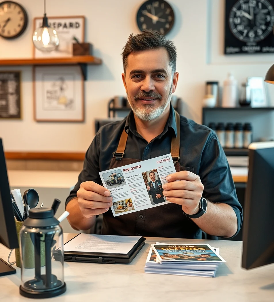 How to Use Pest Control Reminder Postcards for Better Nearby Customer Response: a restaurant owner holding a postcard proof beside relevant business props on a desk.