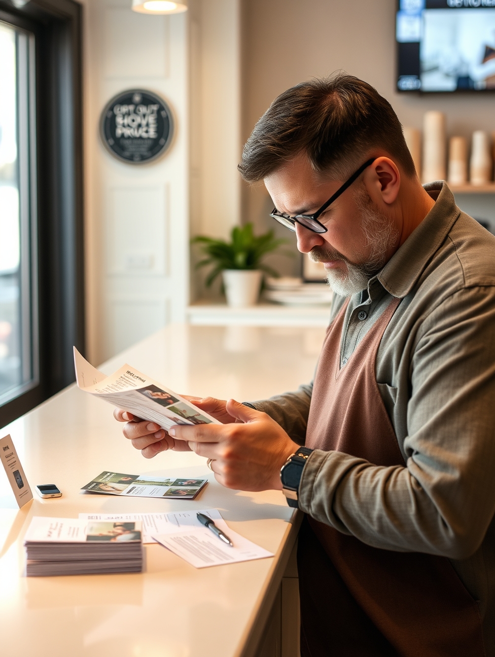 Optometry Eye Exam Recall Postcards Without Wasting Space, Budget, or Offers: a restaurant owner reviewing postcard samples on a clean counter with local campaign notes.