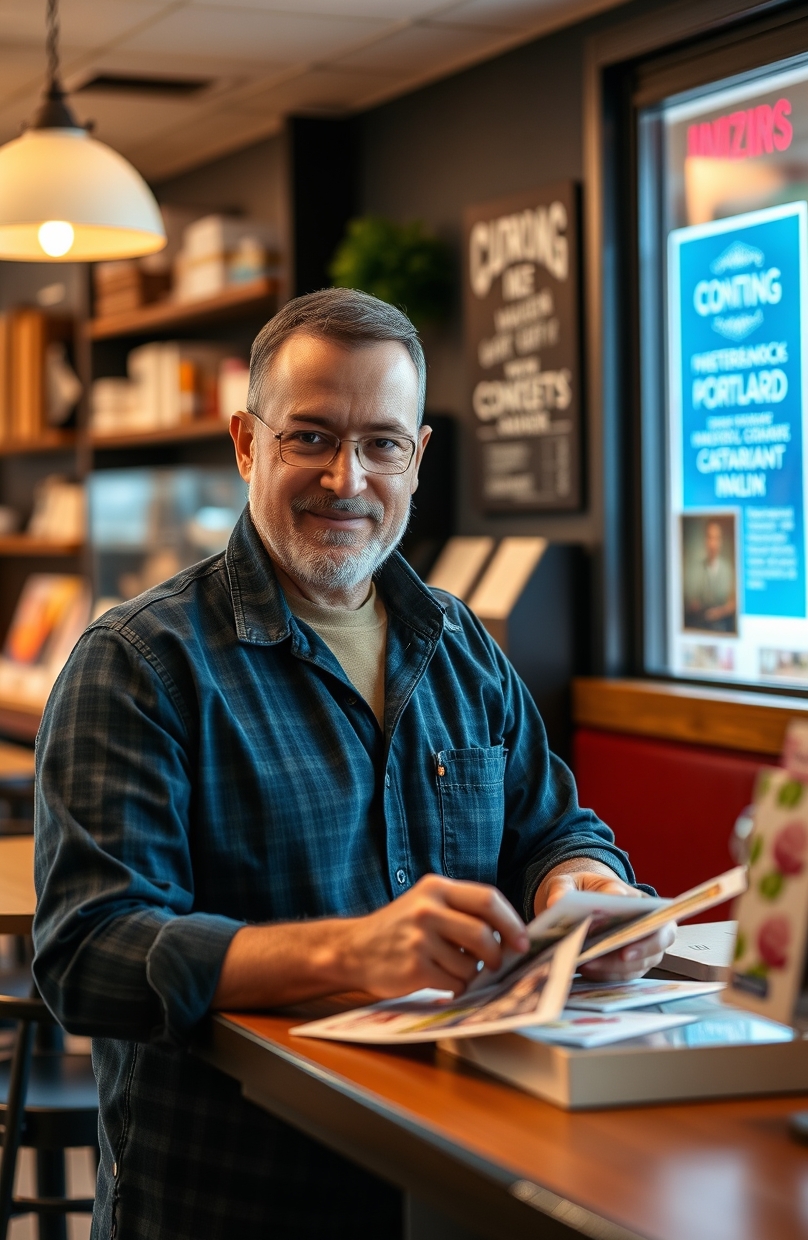 Med Spa Seasonal Offer Postcards: A Local Business Postcard Plan That Actually Converts: a restaurant owner arranging postcard samples near the business setting.