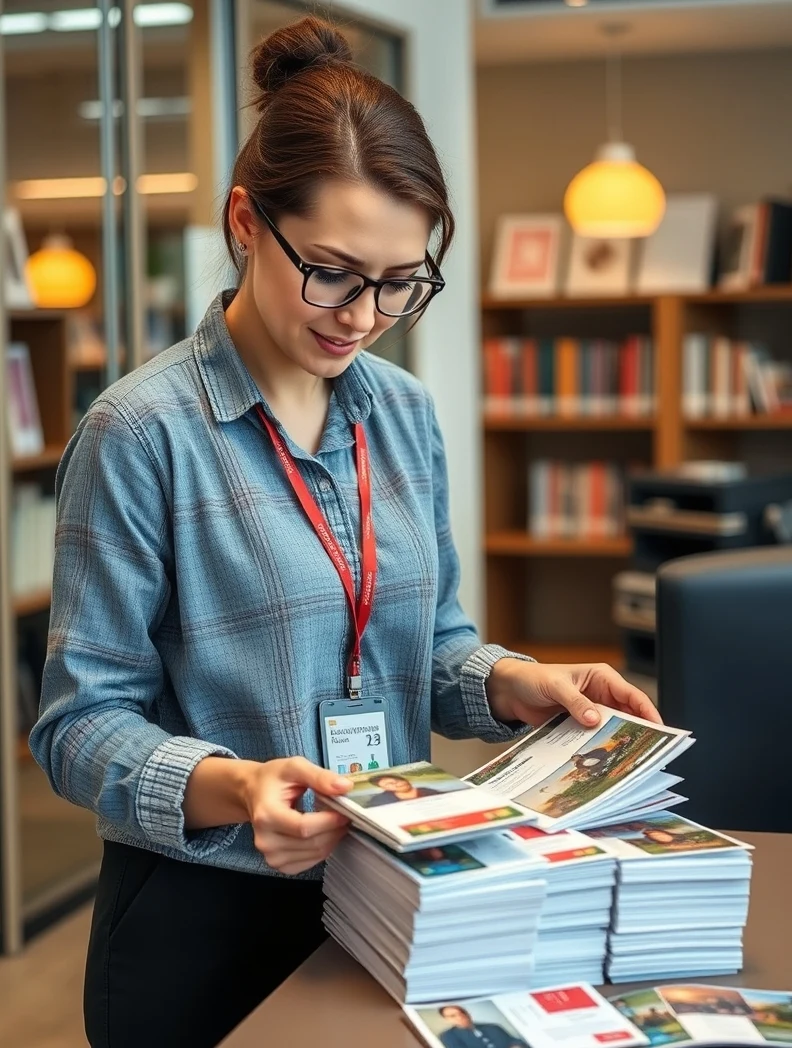 Fundraiser Appeal Postcards: An Event or Community Postcard Plan With Better Response: a nonprofit coordinator arranging postcard samples near the business setting.