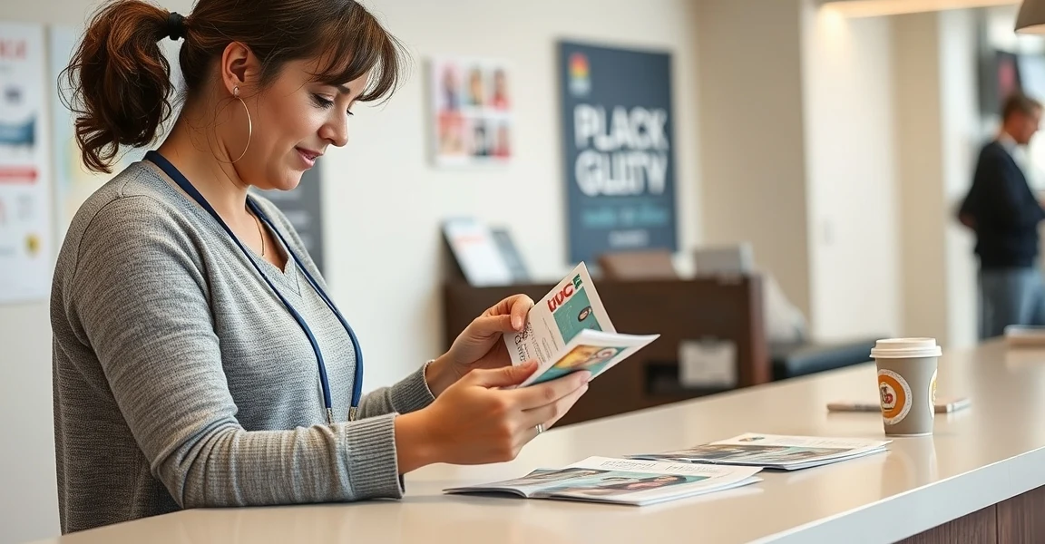 Walkathon Sign Up Postcards for Clearer Community Outreach and Follow Through: a nonprofit coordinator reviewing postcard samples on a clean counter with local campaign notes.