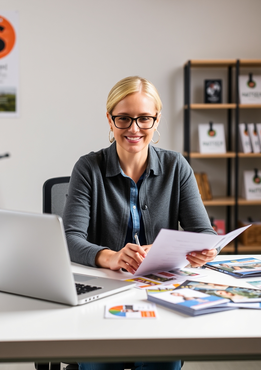 Volunteer Recruitment Postcards: An Event or Community Postcard Plan With Better Response: a nonprofit coordinator planning a direct mail postcard at a workstation with a laptop and sample cards.