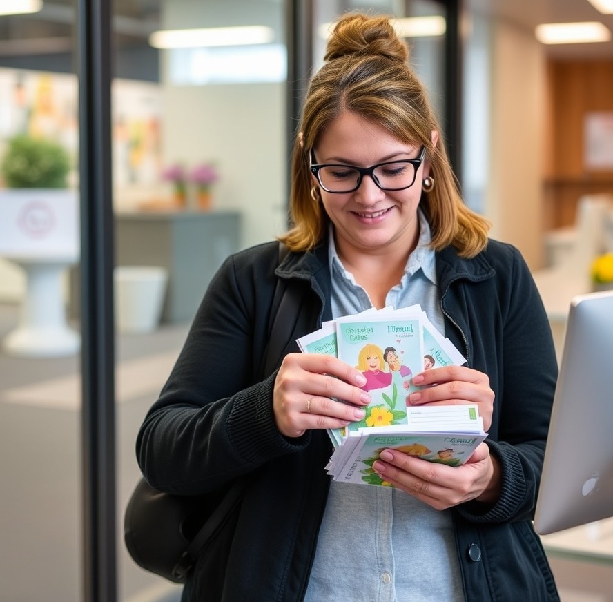 How to Build Church Easter Event Postcards Around Attendance, Action, or Support: a nonprofit coordinator arranging postcard samples near the business setting.