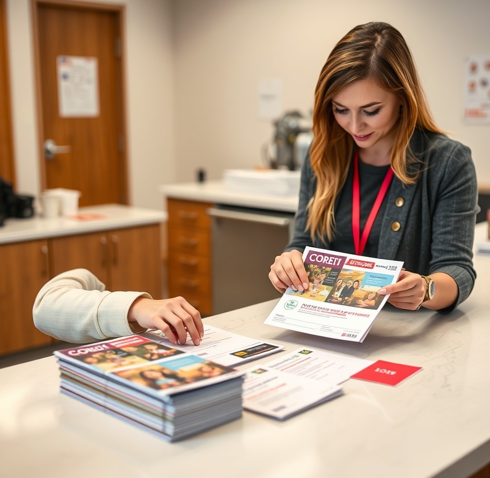 School Open House Postcards for Clearer Community Outreach and Follow Through: a nonprofit coordinator reviewing postcard samples on a clean counter with local campaign notes.