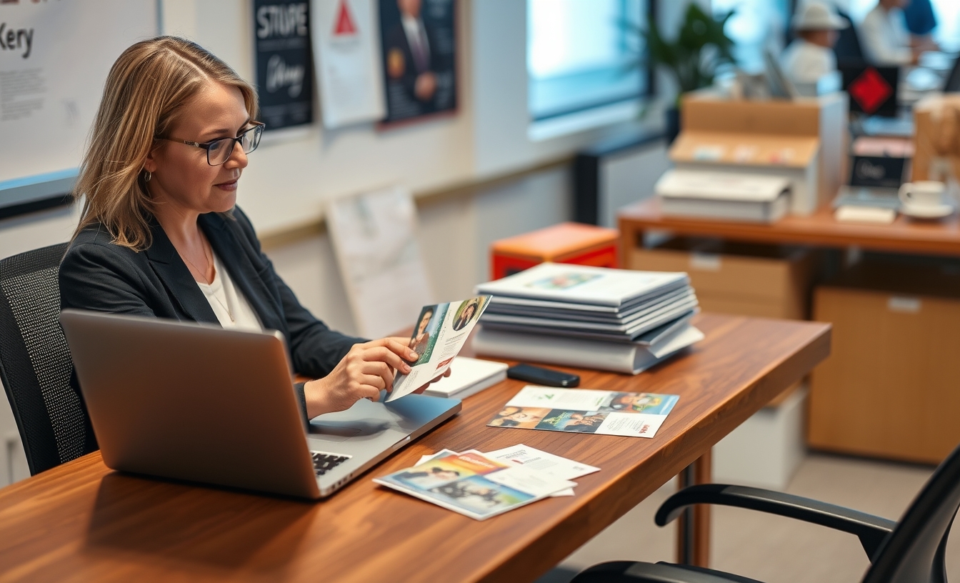 Community Festival Postcards: An Event or Community Postcard Plan With Better Response: a nonprofit coordinator planning a direct mail postcard at a workstation with a laptop and sample cards.