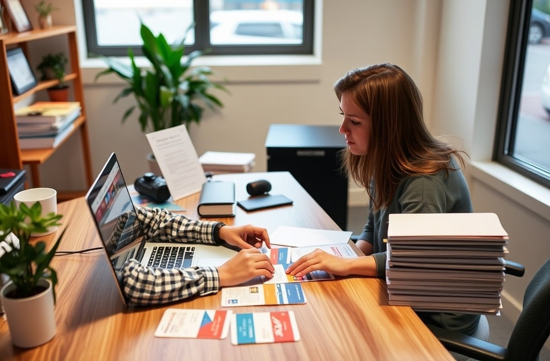 How to Build Political Voter Registration Postcards Around Attendance, Action, or Support: a nonprofit coordinator planning a direct mail postcard at a workstation with a laptop and sample cards.