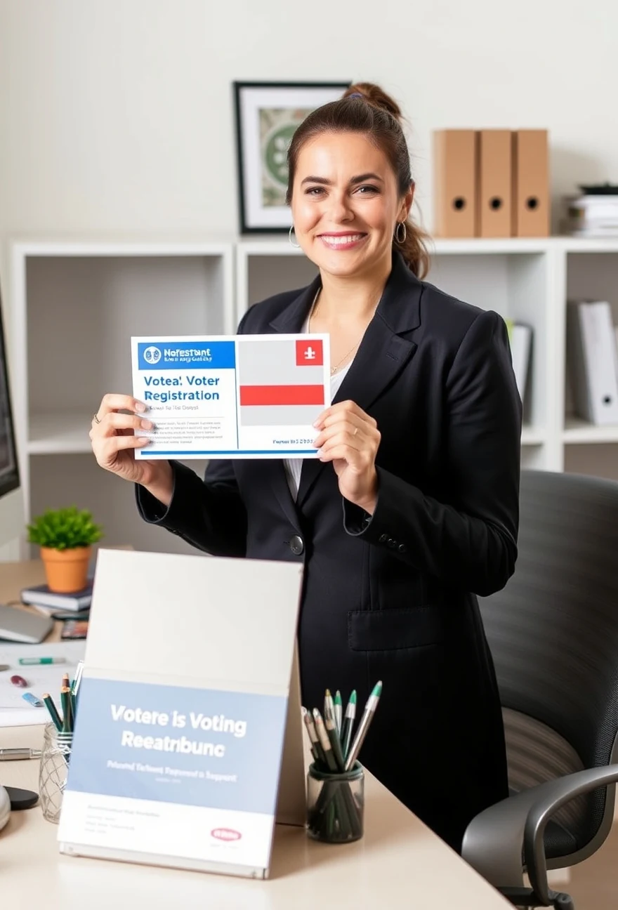 How to Build Political Voter Registration Postcards Around Attendance, Action, or Support: a nonprofit coordinator holding a postcard proof beside relevant business props on a desk.
