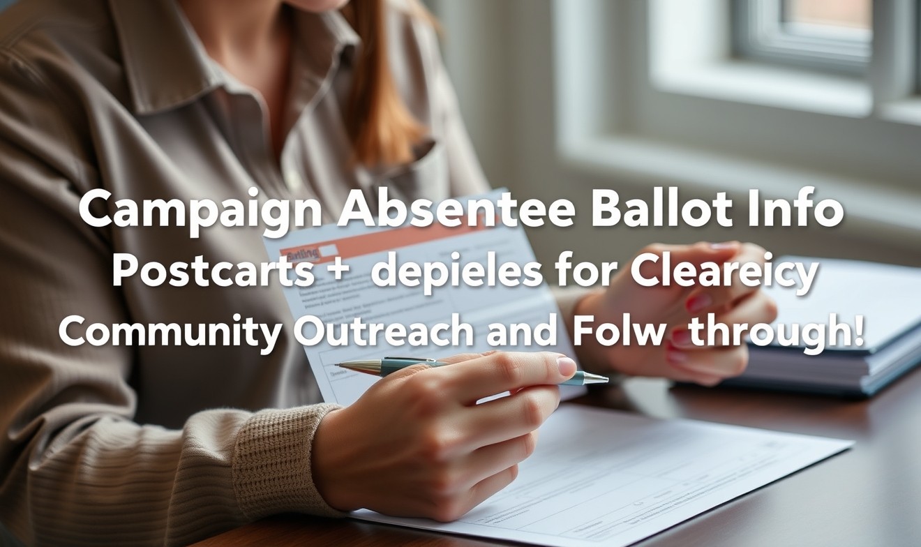 Campaign Absentee Ballot Info Postcards for Clearer Community Outreach and Follow Through: a nonprofit coordinator checking a postcard mockup with a pen and paper notes.