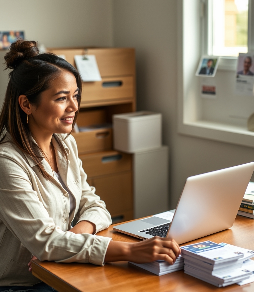 Campaign Absentee Ballot Info Postcards for Clearer Community Outreach and Follow Through: a nonprofit coordinator planning a direct mail postcard at a workstation with a laptop and sample cards.