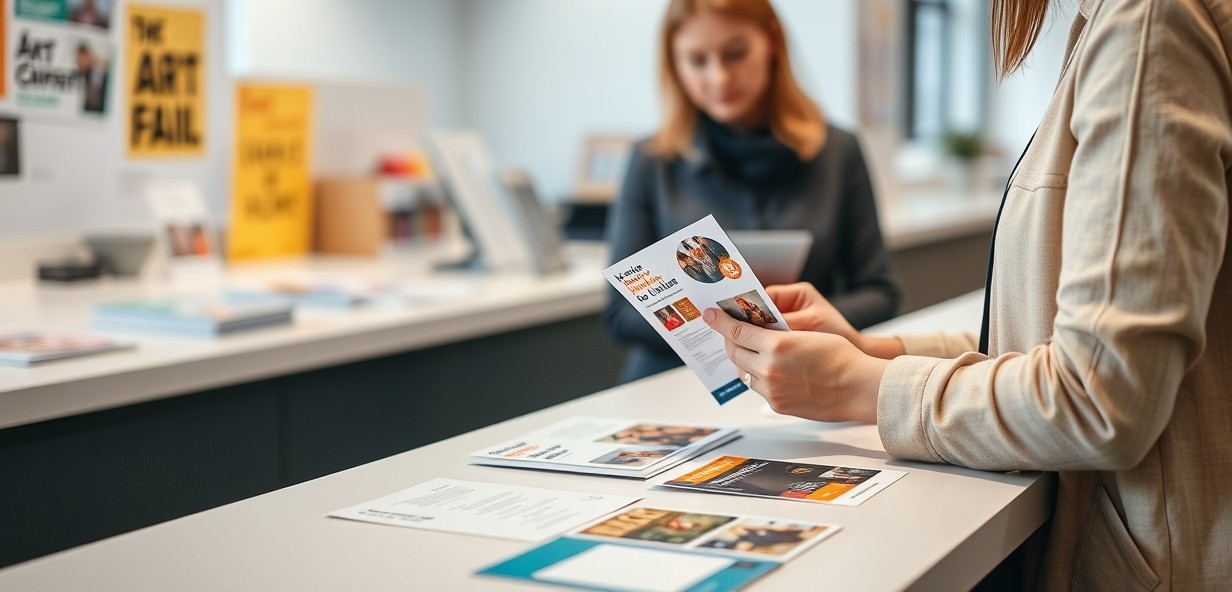 How to Build Art Fair Invitation Postcards Around Attendance, Action, or Support: a nonprofit coordinator reviewing postcard samples on a clean counter with local campaign notes.