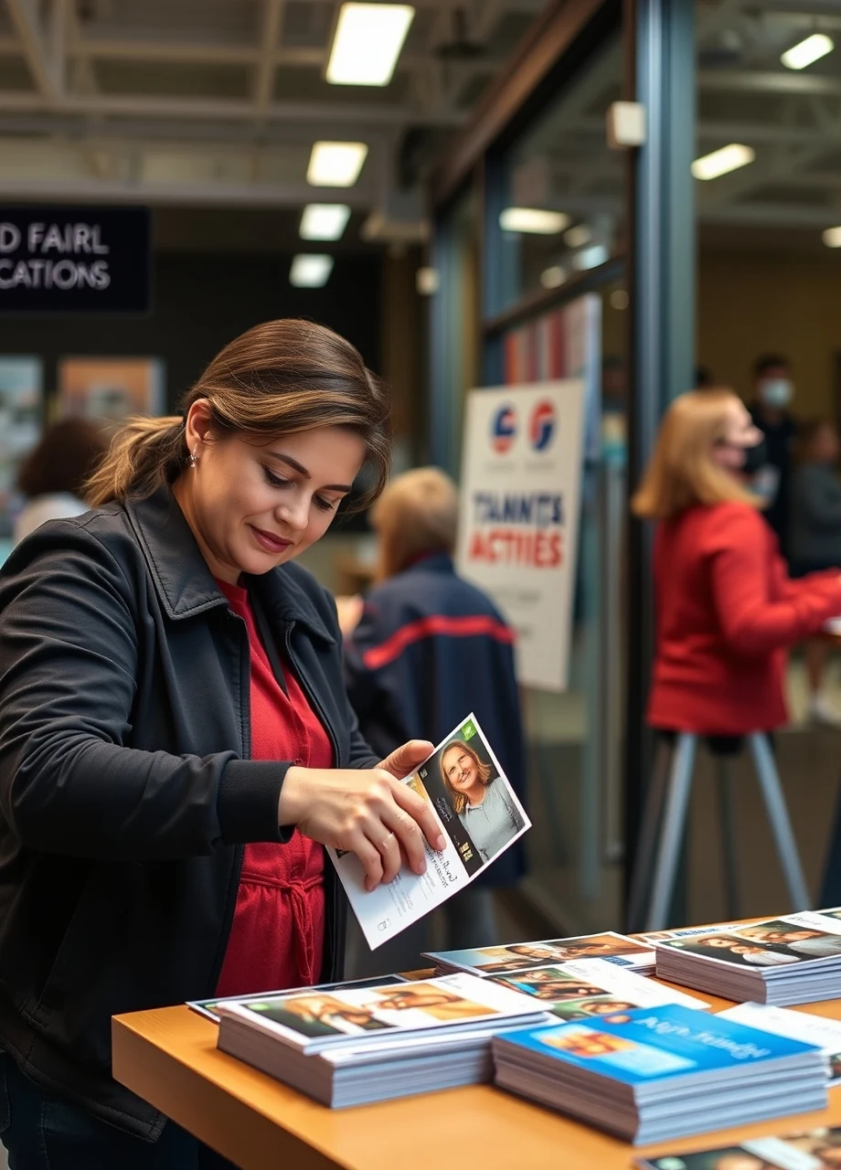 How to Build Art Fair Invitation Postcards Around Attendance, Action, or Support: a nonprofit coordinator arranging postcard samples near the business setting.