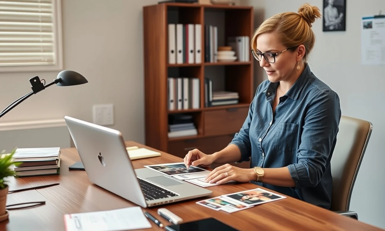 Concert Promotion Postcards for Clearer Community Outreach and Follow Through: a nonprofit coordinator planning a direct mail postcard at a workstation with a laptop and sample cards.
