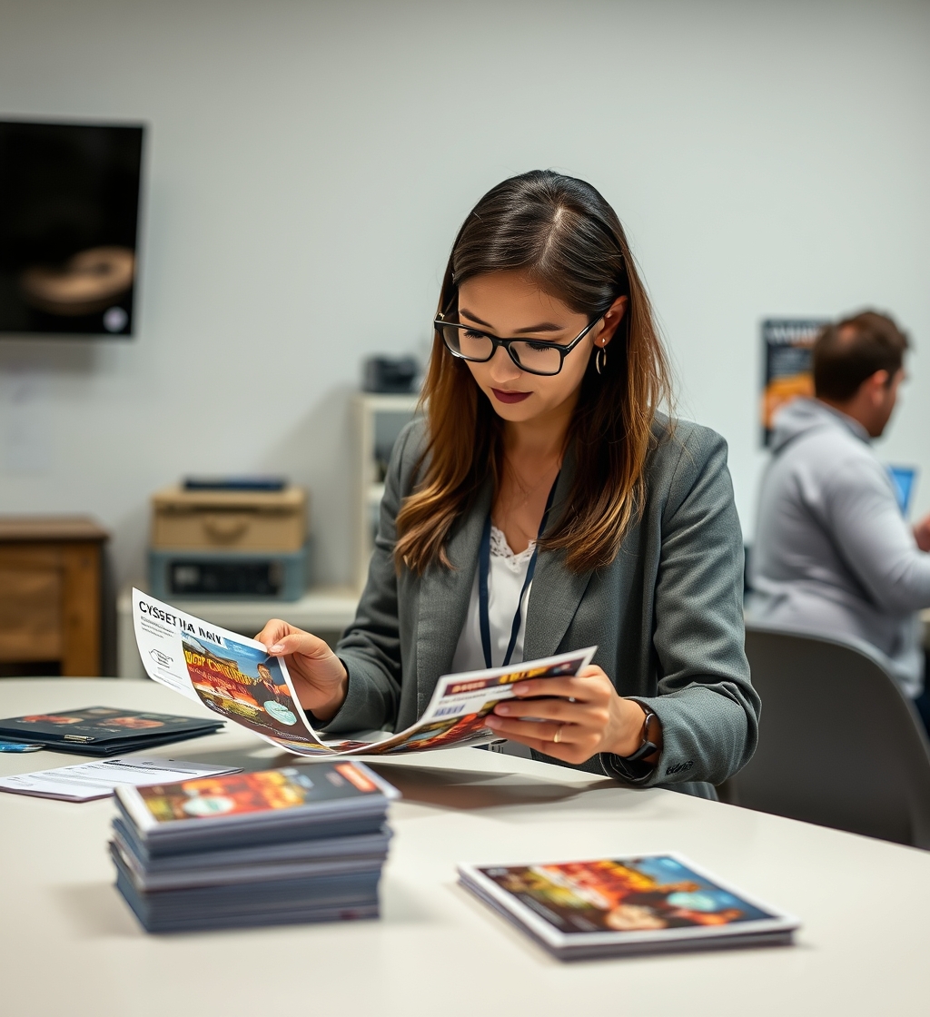 Concert Promotion Postcards for Clearer Community Outreach and Follow Through: a nonprofit coordinator reviewing postcard samples on a clean counter with local campaign notes.