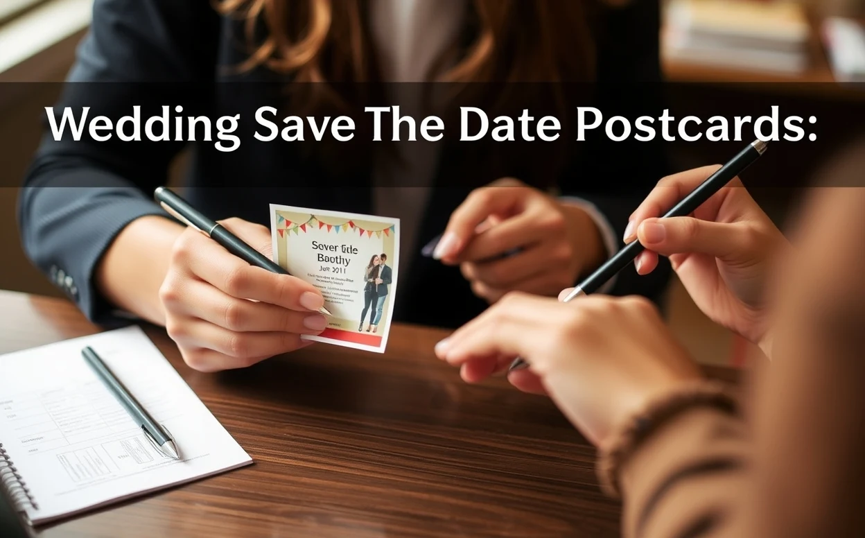 Wedding Save The Date Postcards: An Event or Community Postcard Plan With Better Response: a nonprofit coordinator checking a postcard mockup with a pen and paper notes.
