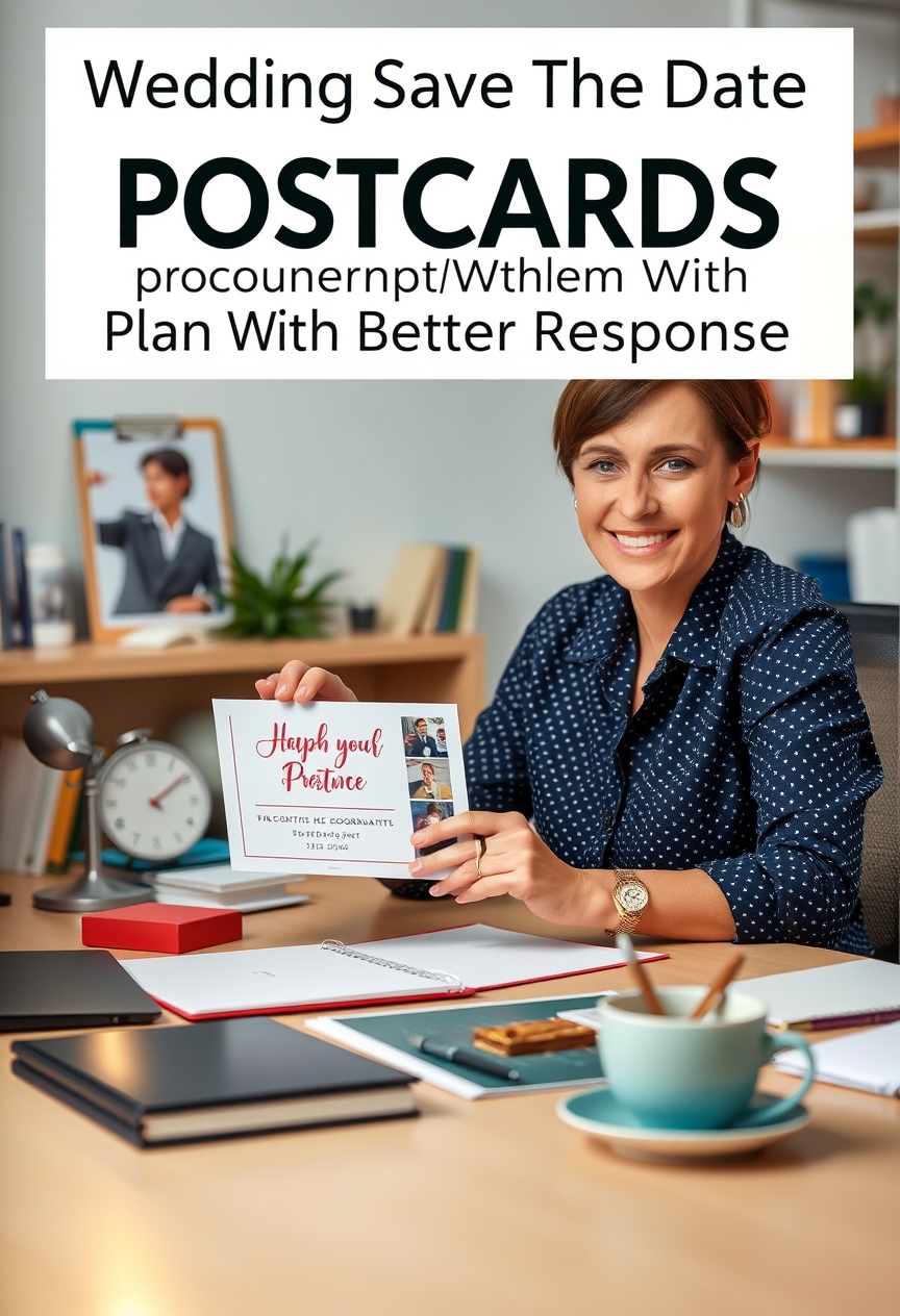 Wedding Save The Date Postcards: An Event or Community Postcard Plan With Better Response: a nonprofit coordinator holding a postcard proof beside relevant business props on a desk.
