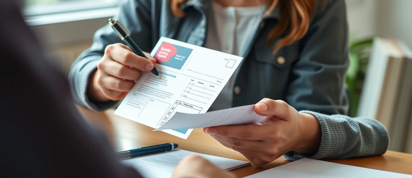 Reunion Invitation Postcards for Clearer Community Outreach and Follow Through: a nonprofit coordinator checking a postcard mockup with a pen and paper notes.