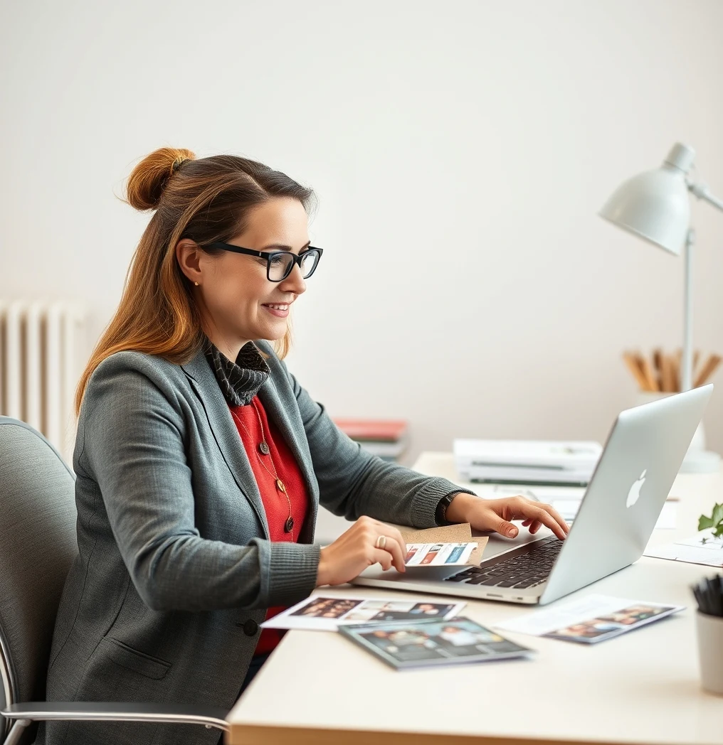 Holiday Charity Drive Postcards: An Event or Community Postcard Plan With Better Response: a nonprofit coordinator planning a direct mail postcard at a workstation with a laptop and sample cards.
