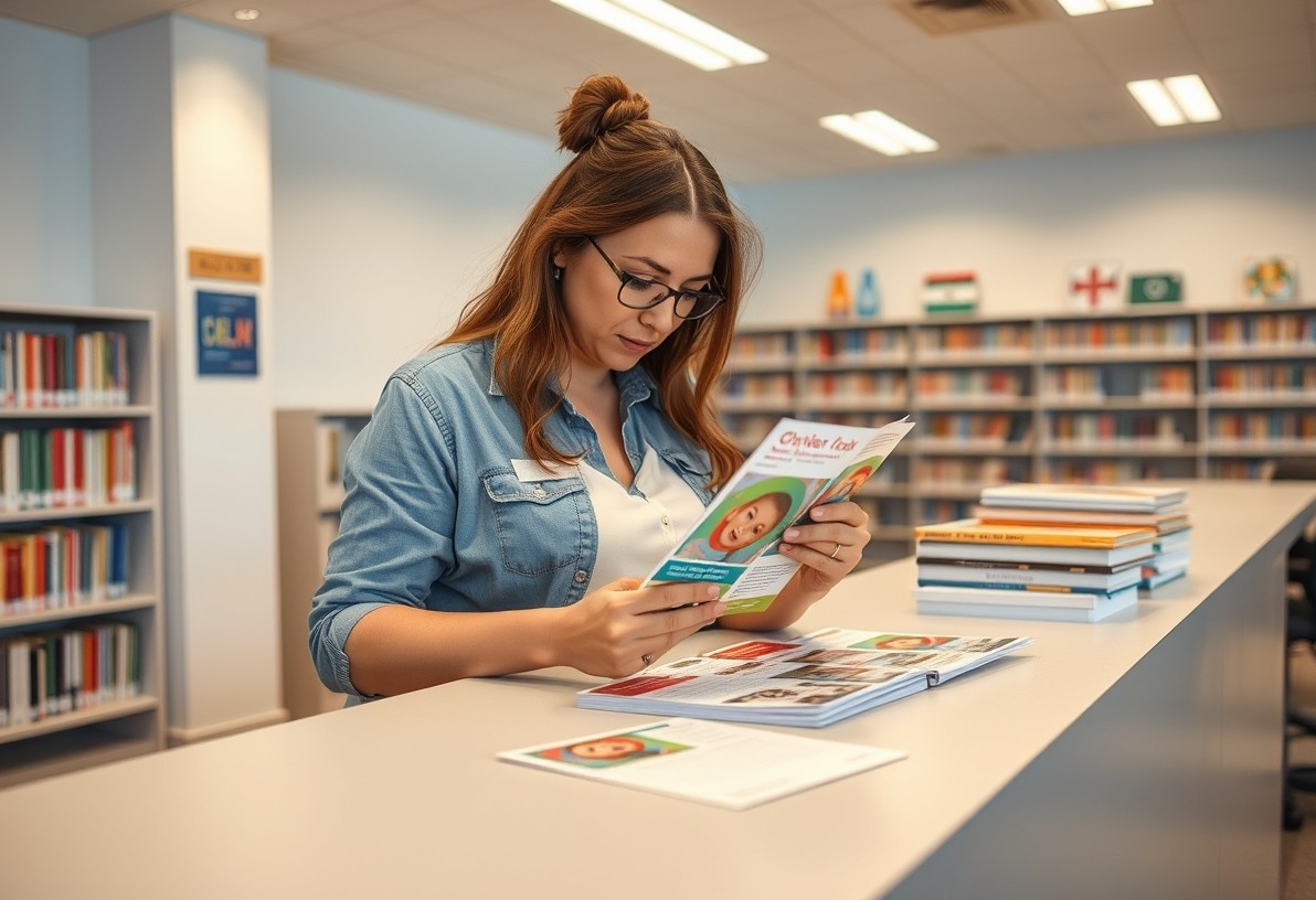 Library Summer Reading Postcards for Clearer Community Outreach and Follow Through: a nonprofit coordinator reviewing postcard samples on a clean counter with local campaign notes.