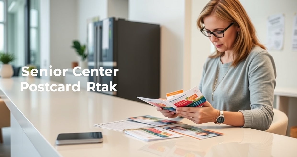 Senior Center Event Postcards: An Event or Community Postcard Plan With Better Response: a nonprofit coordinator reviewing postcard samples on a clean counter with local campaign notes.