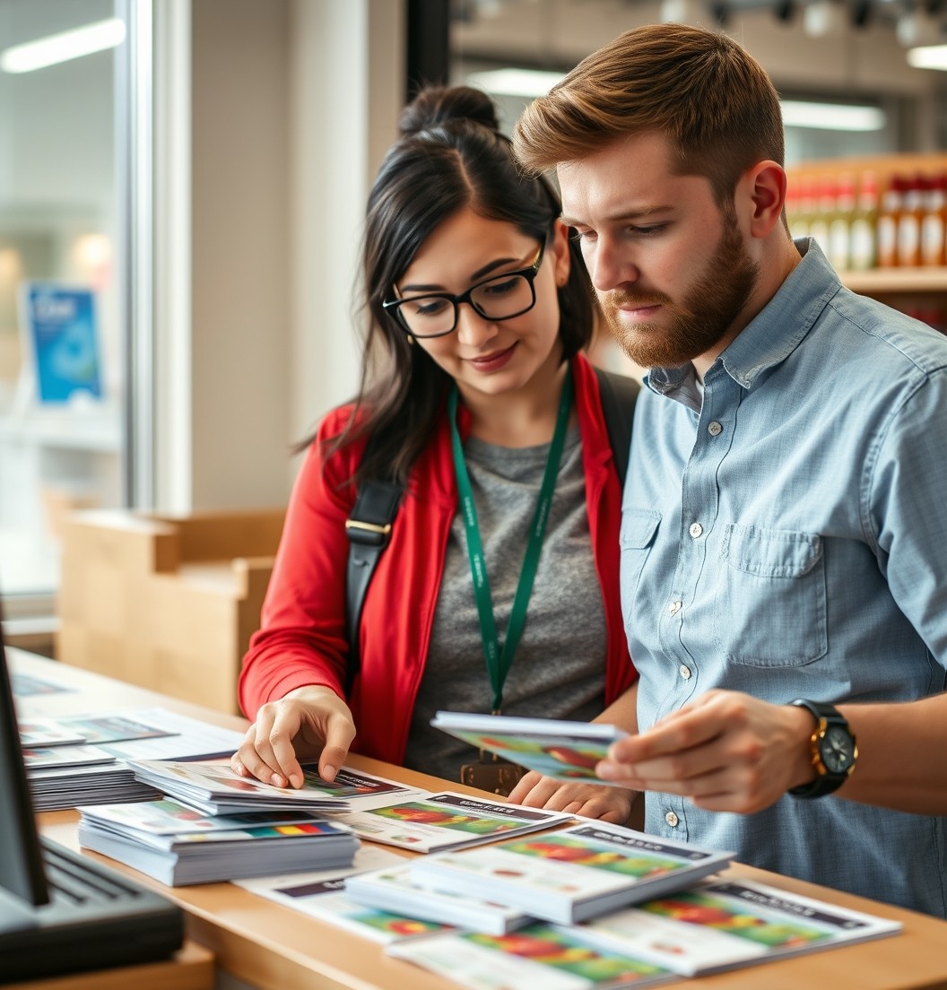 How to Build Youth Sports Registration Postcards Around Attendance, Action, or Support: a nonprofit coordinator arranging postcard samples near the business setting.
