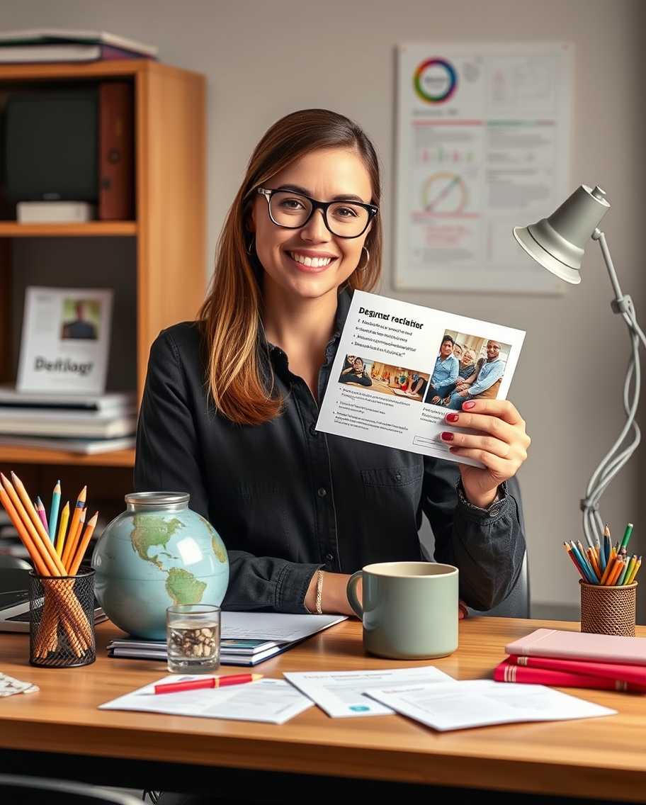 PTA Fundraiser Postcards for Clearer Community Outreach and Follow Through: a nonprofit coordinator holding a postcard proof beside relevant business props on a desk.