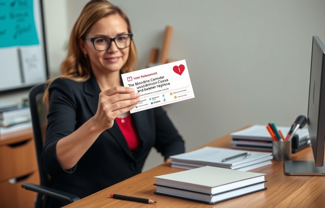 Blood Drive Reminder Postcards: An Event or Community Postcard Plan With Better Response: a nonprofit coordinator holding a postcard proof beside relevant business props on a desk.