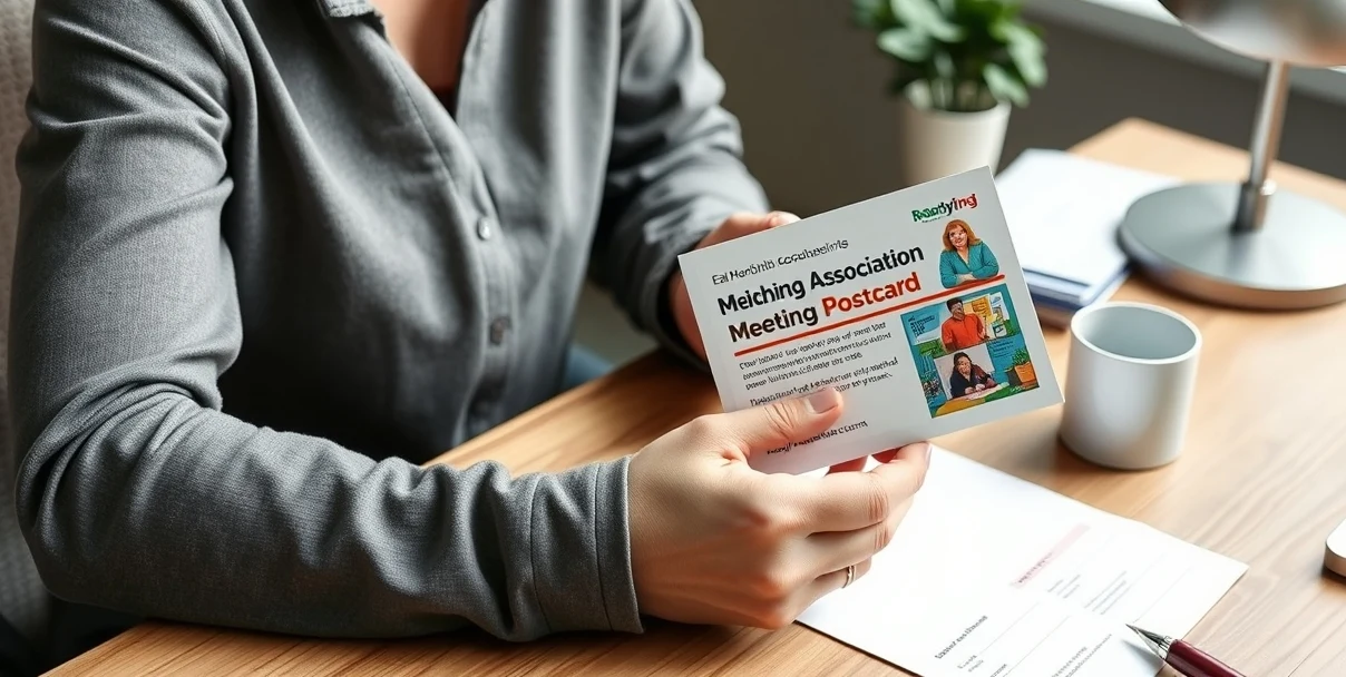 Neighborhood Association Meeting Postcards for Clearer Community Outreach and Follow Through: a nonprofit coordinator holding a postcard proof beside relevant business props on a desk.