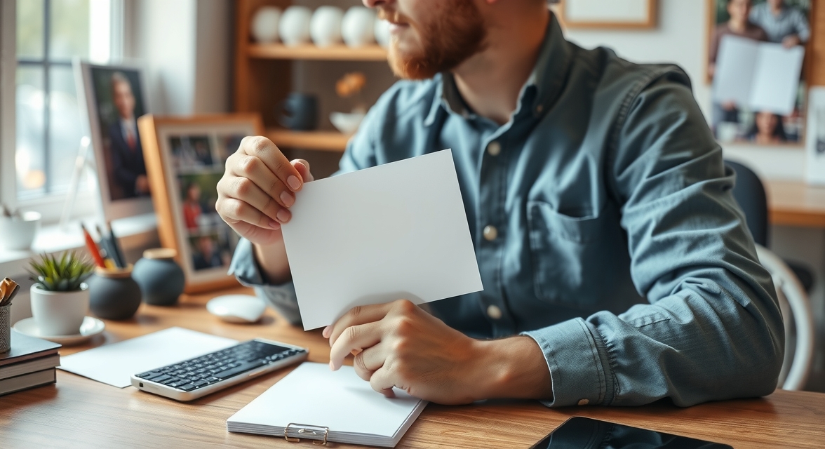 How to Use Artist Mini Print Postcards Without Losing Print Quality or Purpose: a local business owner holding a postcard proof beside relevant business props on a desk.