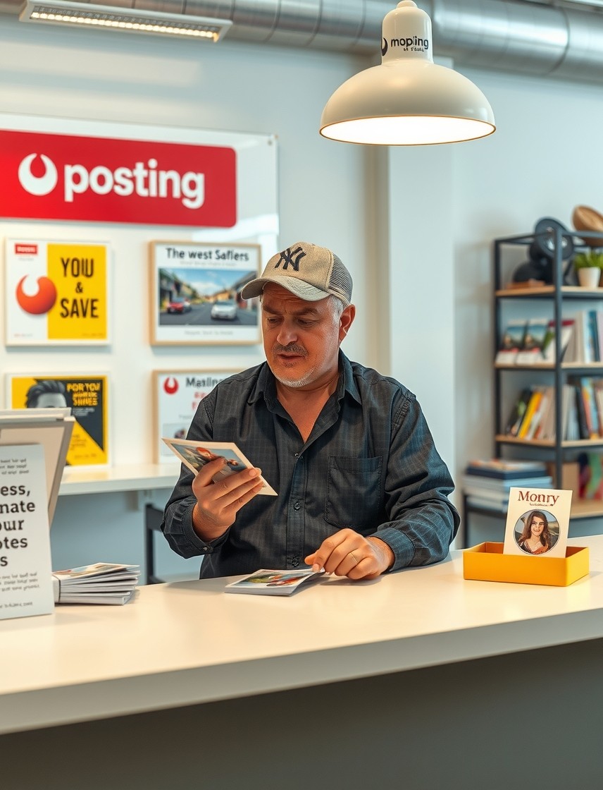 How to Use Artist Mini Print Postcards Without Losing Print Quality or Purpose: a local business owner reviewing postcard samples on a clean counter with local campaign notes.