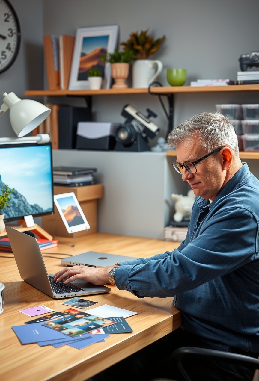 Ecommerce Thank You Insert Postcards for Artists, Brands, and Memorable Small Format Pieces: a local business owner planning a direct mail postcard at a workstation with a laptop and sample cards.