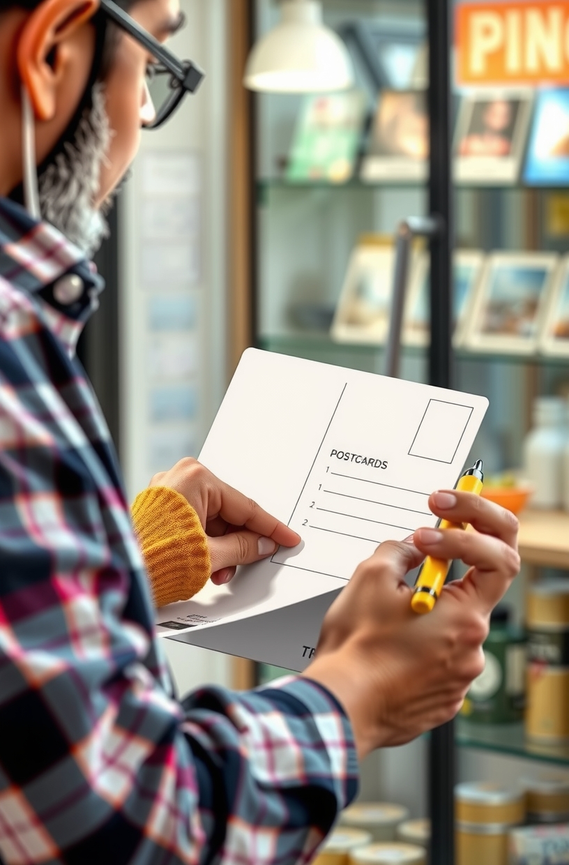 Illustrated Postcard Pack Postcards: A Creative Postcard Idea With Real Production Logic: a local business owner checking a postcard mockup with a pen and paper notes.